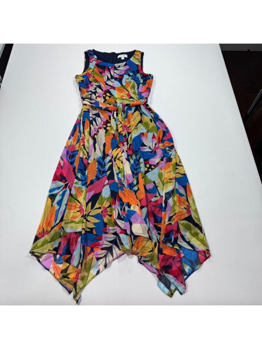 Nine West Midi Dress Women's M Blue Tropical Fit & Flare Handkerchief Hem Lined